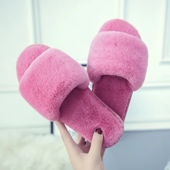 

EOEODOIT Women Autumn Winter Slippers Open Toe Cow Muscle Anti Skid Plush Home Floor Family Indoor Shoes Drags Flat Heel