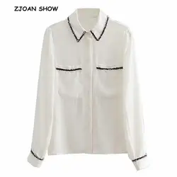 2019 новая весенняя контрастная белая женская рубашка с бахромой и бахромой, Повседневная блуза с длинным рукавом и отложным воротником