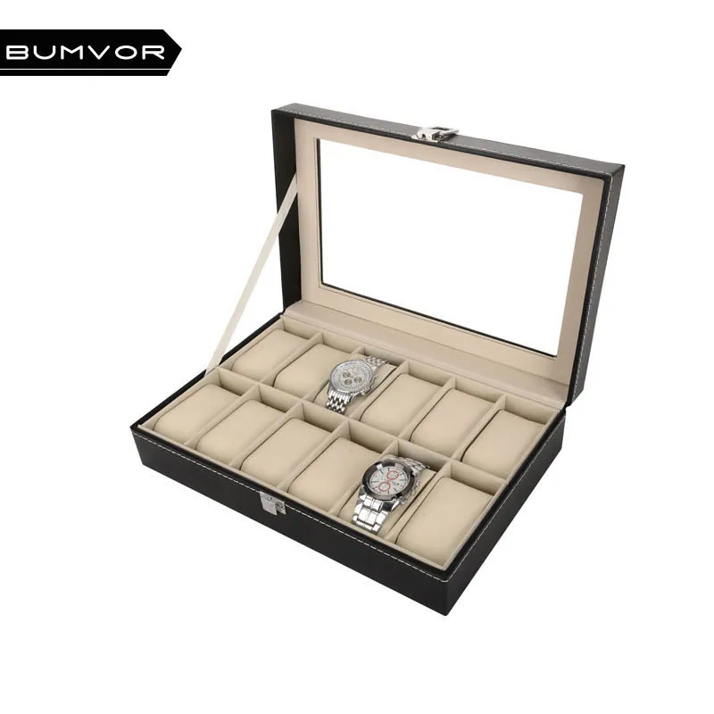 

Men's Women's General 12 Grids PULeather Watch Box Storage Organizer Case Luxury Handmade Jewelry Display Watch Boxes Black Top