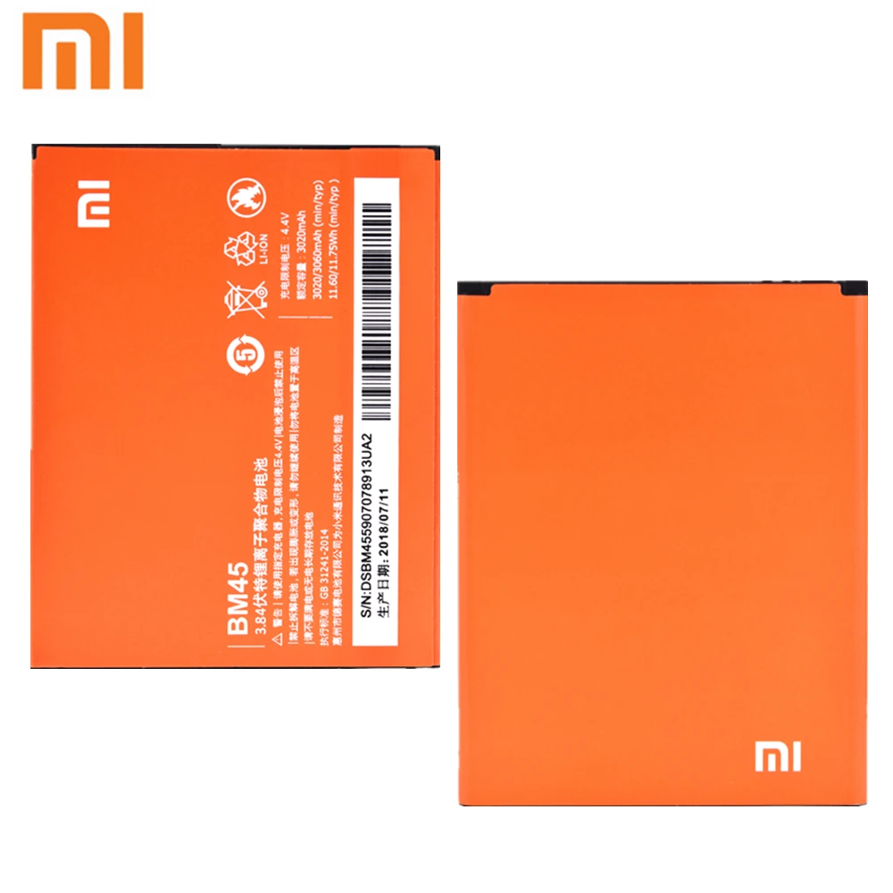 2018 Оригинальная батарея Xiaomi BM45 для Redmi Note 2 Bateria Hongmi Red Rice Note2 3020mAh Li Ion