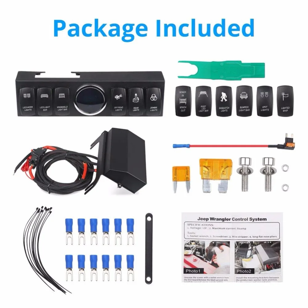 6-Switch Pod Toggle Switch Panel Overhead and Source Control System Box Wiring Harness Kit with 12 Switch Covers & a Switch Clip Remover For Jeep Wrangle JK JKU 2007-2018(Blue Back Light)2333