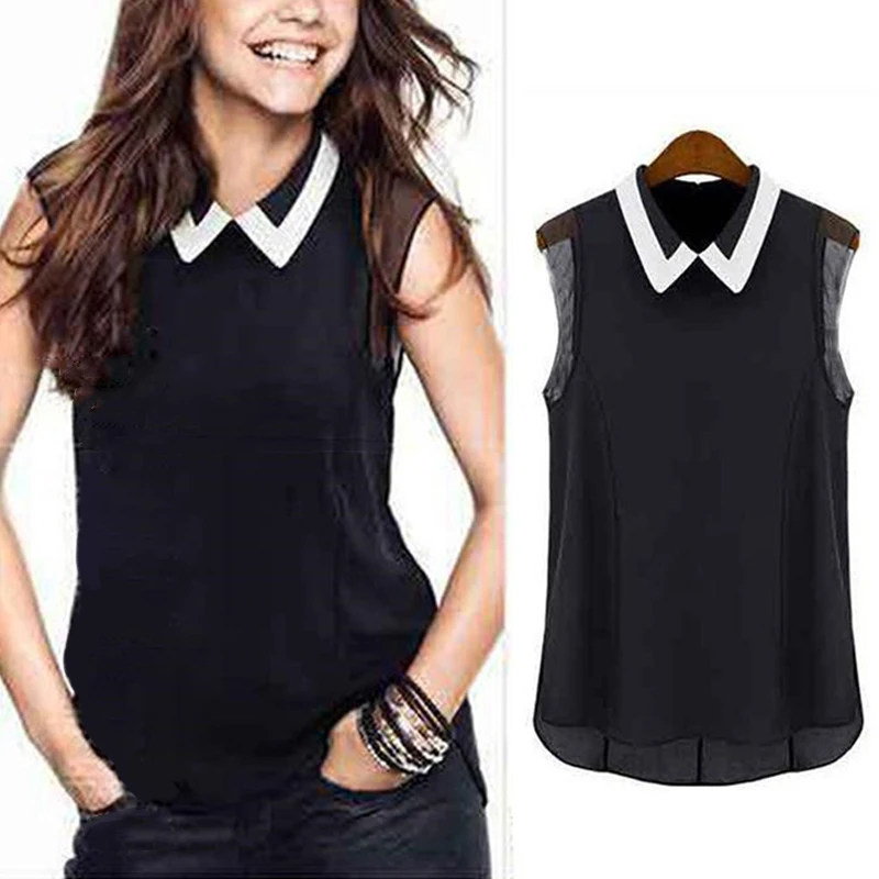

Shirt Women Mesh Chiffon Shirt Trend Sleeveless Slim Vest Blouse Black White Color Matching Lapel Office Lady Shirt Blusas