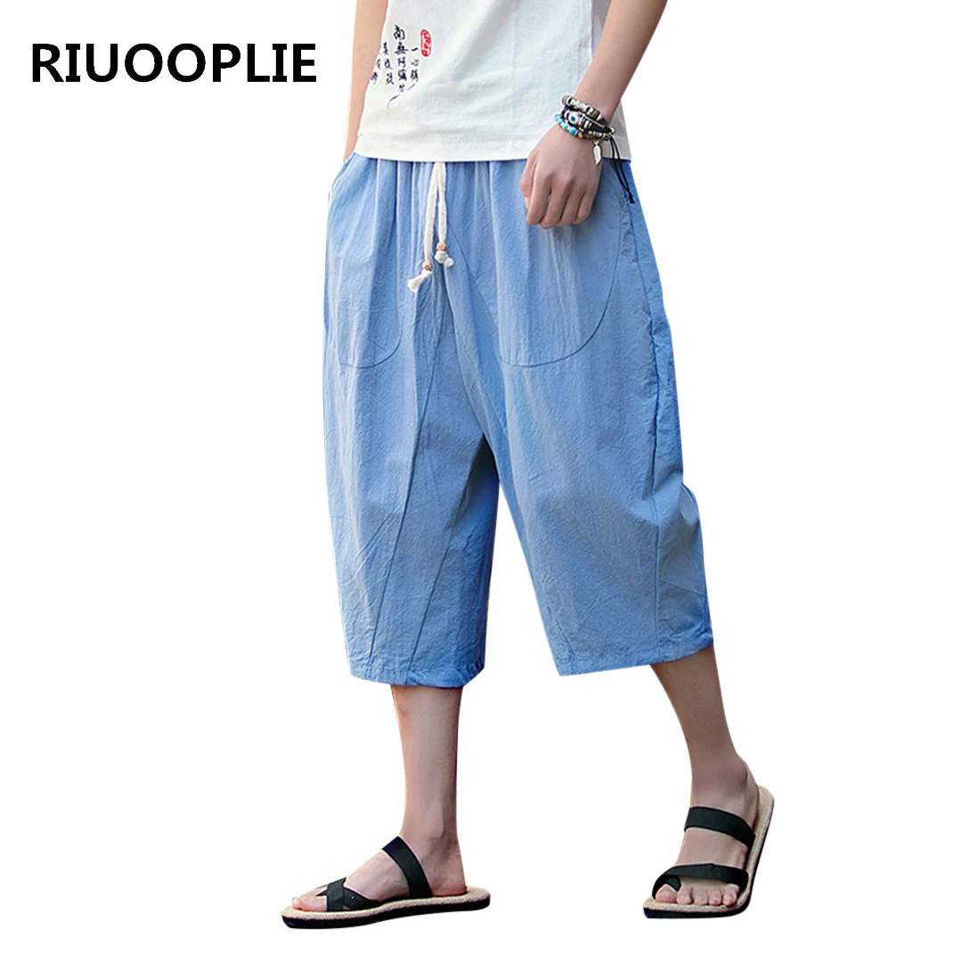 RIUOOPLIE Men Linen Casual Loose Seven Points Trousers Elastic Waist Wide Leg Pants 3
