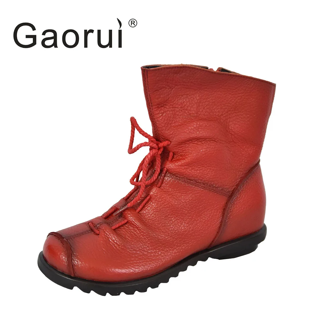 Gaorui Women Winter Snow Boots Leather Lace up Casual Ankle Boots Famale Warm Fur Lined Flats