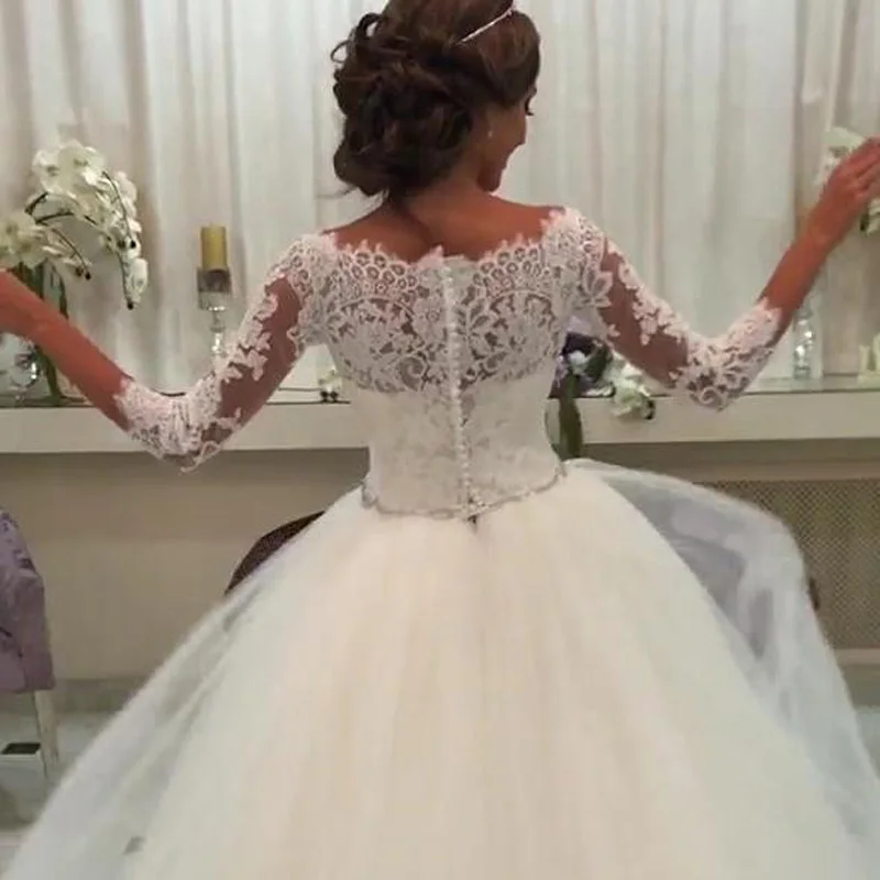 

2019 A-line wedding dress Three Quarter sleeves robe de soiree zipper back Apliques wedding Grown Sashes Vintage marriage dress