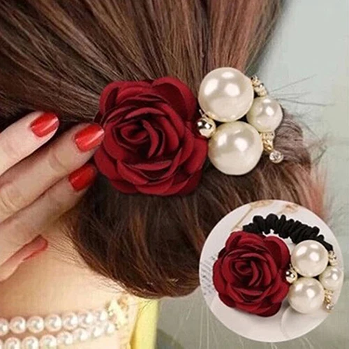 

New New Women's Satin Ribbon Rose Flower Faux Pearls Hairband Ponytail Holder Hair Band