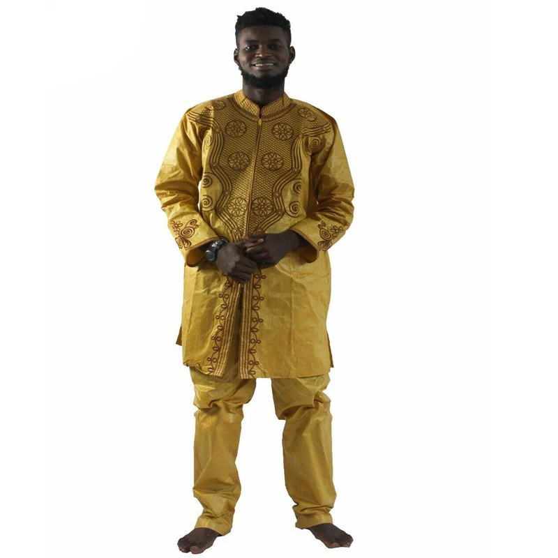 H& D африканская Мужская одежда Дашики Африканский riche bazin Топы брючный комплект мужской костюм набор костюмы PH37 - Цвет: Цвет: желтый