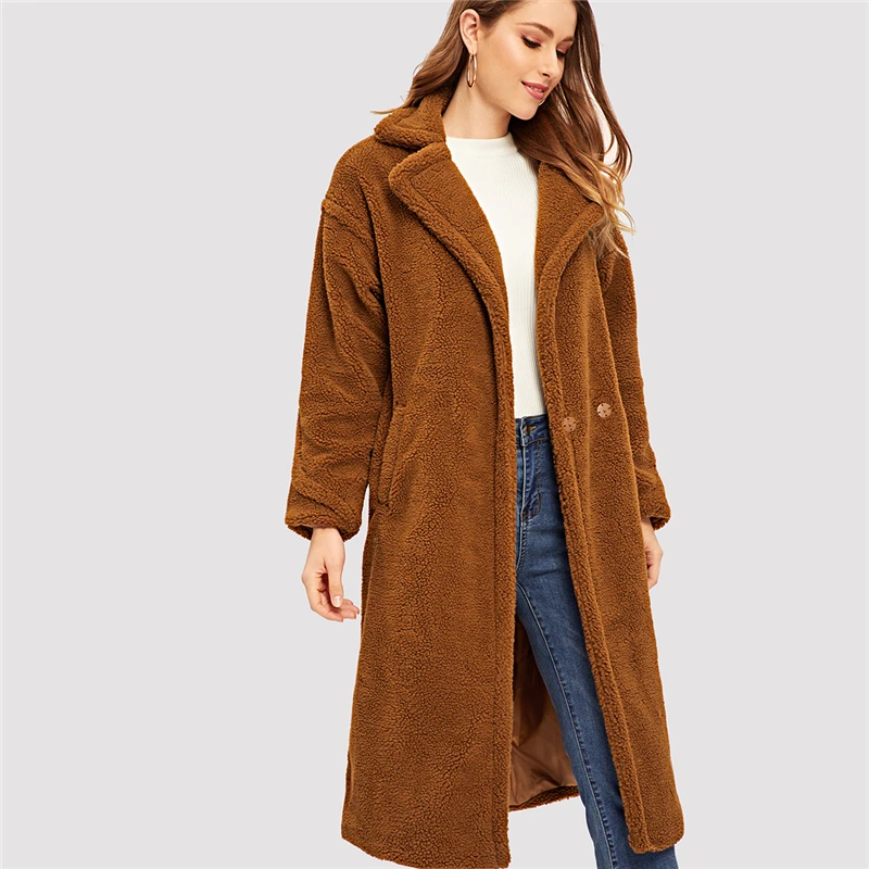 COLROVIE Brown Solid Pocket Open Front Casual Teddy Coat Women Autumn Fashion Warm Long Coat Office Ladies Elegant Outwear