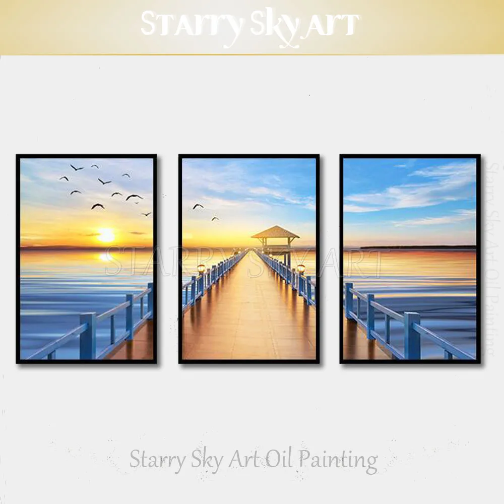 

Artist Hand-painted High Quality Modern Wall Art 3 Piece Set Landscape Oil Painting on Canvas Sunrise Seaside Oil Painting