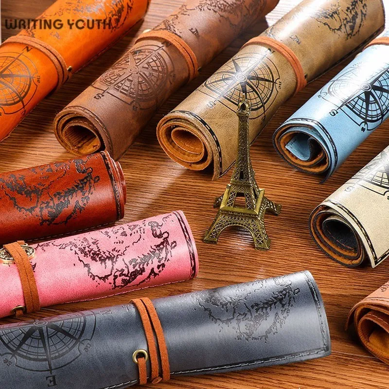 

Creative Nautical Chart Pencil Case Art Pencil Pouch Leather Pen Wrap Roll Makeup Pen Storage Stationery Student School Supplies