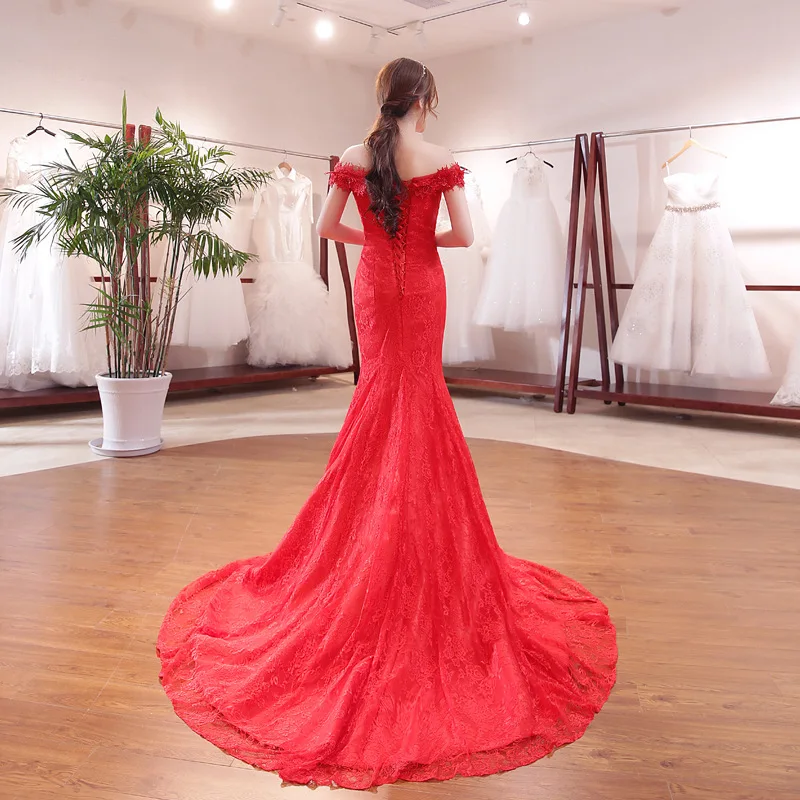 Длинные свадебные платья с длинным вырезом лодочки Красное кружевное платье русалка для невесты со цветочной аппликацией и без рукавов