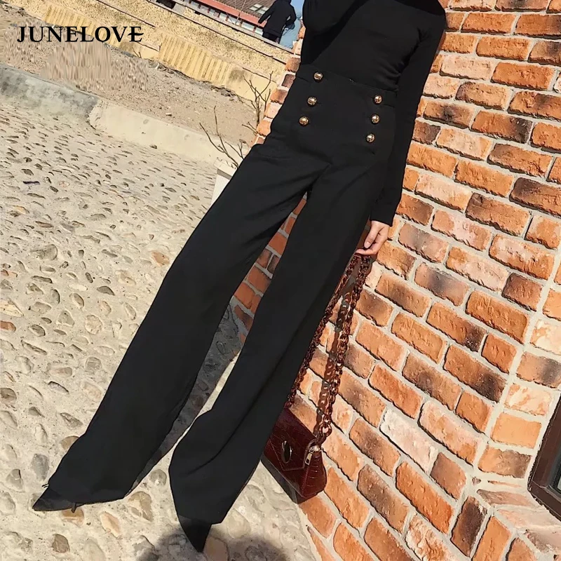 

June Love 2019 spring women loose full length pants black solid zipper fly female casual pants high waist wide leg pants