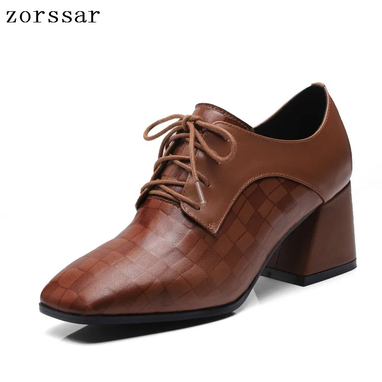 

Zorssar 2019 New women Pumps Genuine Leather Shallow Lace-up Square Toe High heels Wedding Party dress shoes plus size 34-43