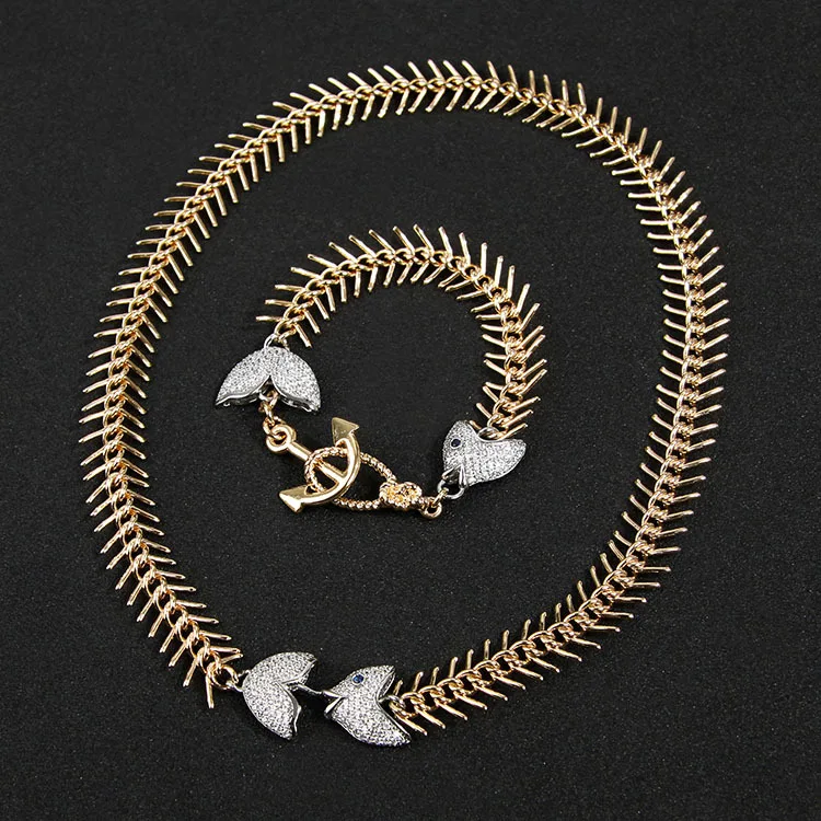 Gold-plated copper set auger fishbone necklace bracelet