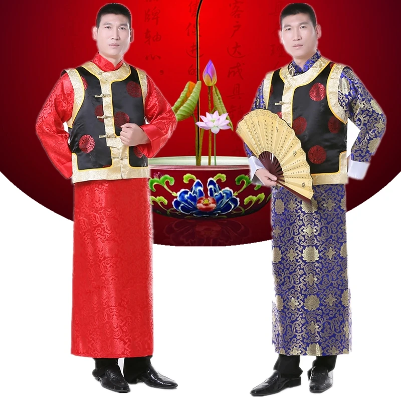Китайские традиционные Длинные платья халат мужской красный синий костюм в китайском стиле жениха платье куртка Китайская традиционная