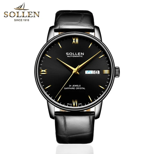 leather black Reloj Hombre Люксовый Бренд SOLLEN мужские часы простой бизнес стиль автоматические механические часы с ремешком из воловьей кожи Relogio Masculino - Цвет: leather black