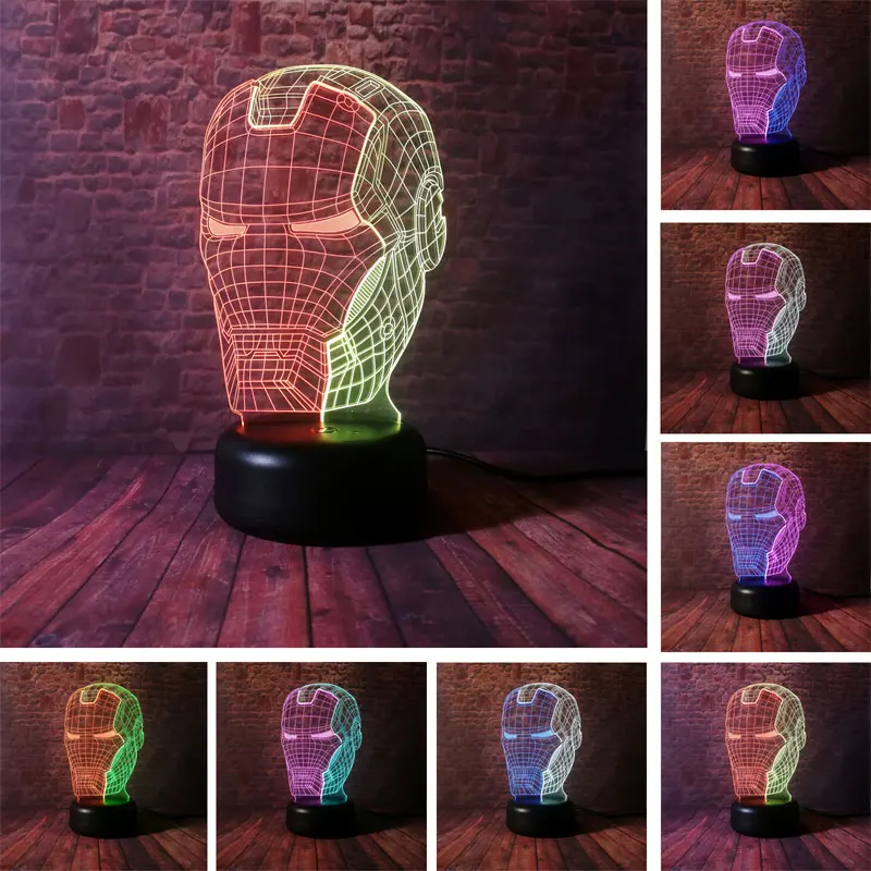 

Mask Iron Man Figma Model 3D Illusion NightLight LED Colourful Mixed Flash Light Desk Lamp Avengers Iron Man Helmet Figure Toys