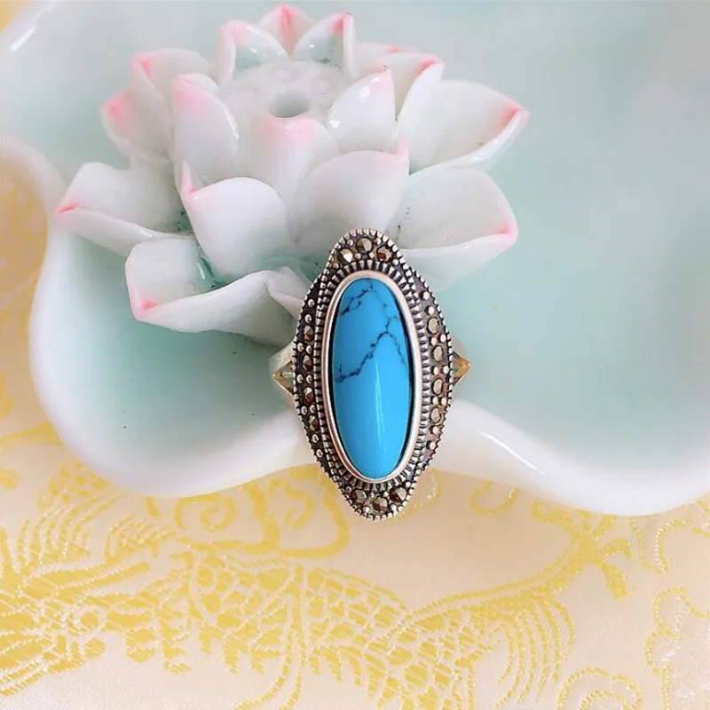 

Ring in Sterling Silver 925 & Genuine Turquoise Adjustable Open Ring for Women Bohemia Fine Jewelry Gift 98517