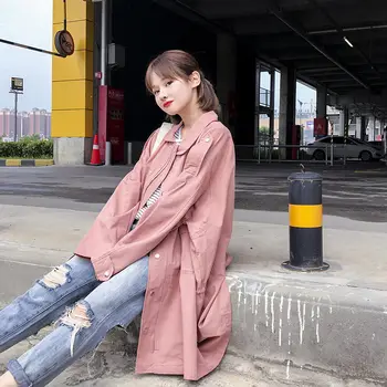 

British Style Windbreaker Female Long Section Spring Autumn Thin Section Loose Large Size Jacket Pink Straight Outerwears f1261