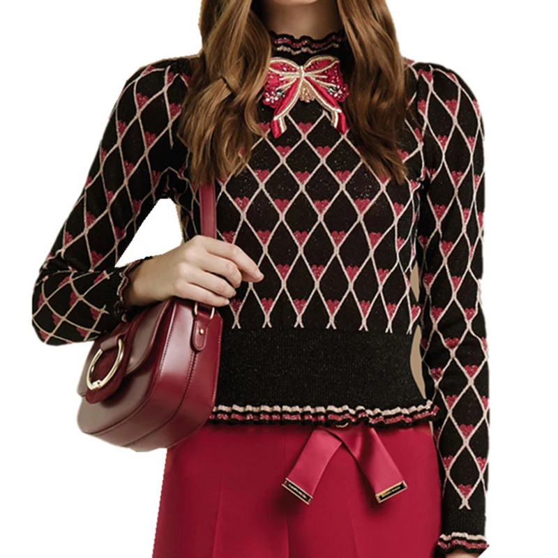 

2018 Winter Contrast Color Patchwork Jacquard Knit Sweater Women Bow Heart Argyle High Waist Sweater Sweet Kawaii Pullovers New