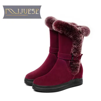 

MLJUESE 2019 women Mid-calf boots Cow Suede rabbit hair red color winter short plush increasing wedges women snow boots size 40