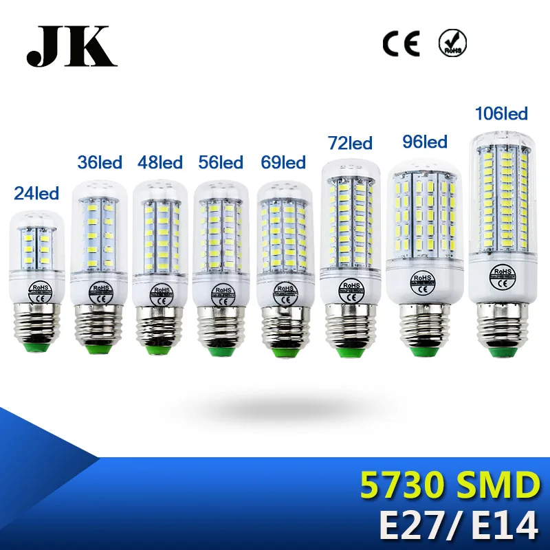 

Led lamp High Power E27 5730SMD LED Lights 24 36 48 56 69 106Leds 360 Beam Corn Bulb 220V Chandelier LEDs Candle light Spotlight