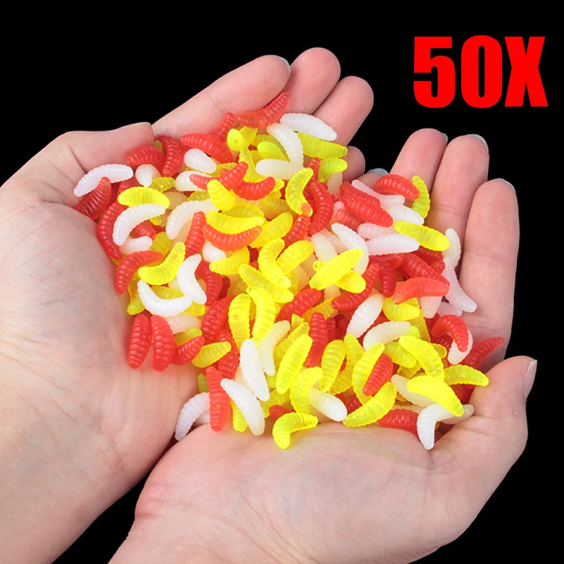 

New 50PCS 2.2cm Maggot Grub Soft Lure Baits Worms Glow Shrimps Fishing Lures XD88