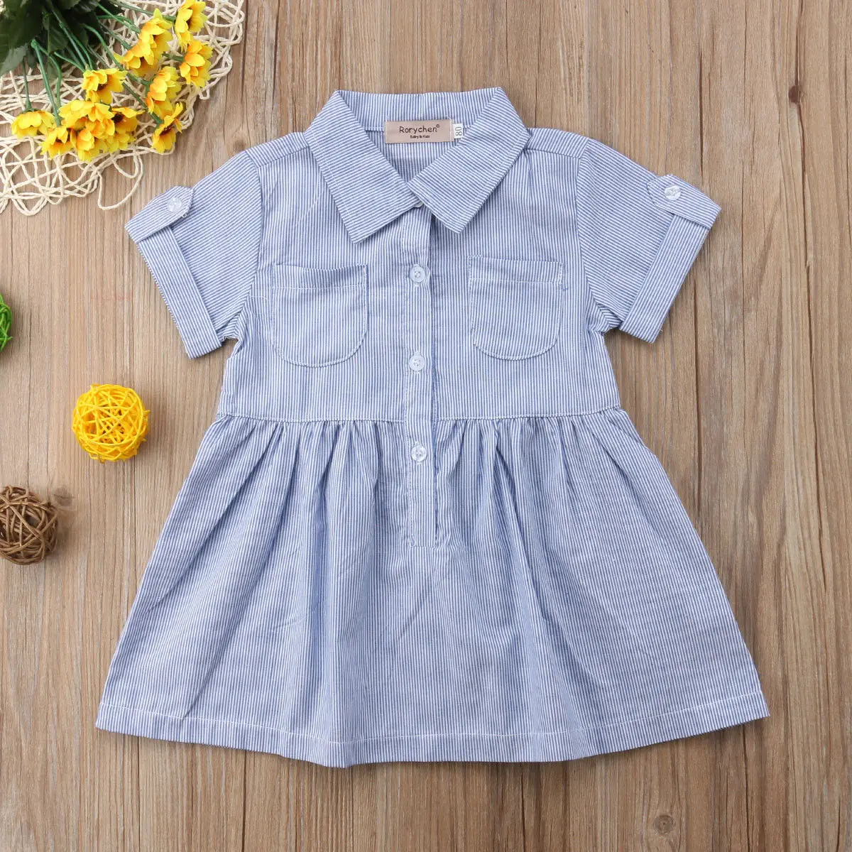 

Kids Baby Girl Short Sleeve Stripe Summer Shirt Dresses Baby Blue Cotton Soft Clothes Outfit 6M-4Y