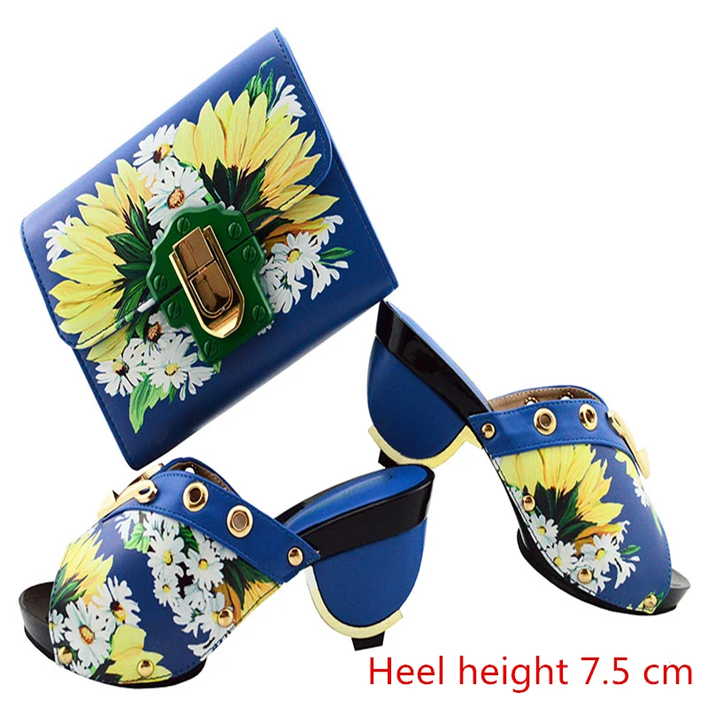 

GF01 Blue High Quality High Heels Wedding Shoes And Purse With Stone Beauty African Shoes Formal Party Shoes And Bag Set Matched