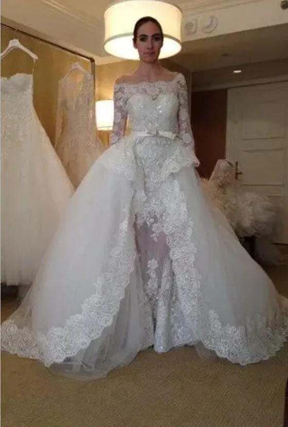 Vestidos de noiva 2 em 1 2021 винтажное кружевное свадебное платье русалки с длинными