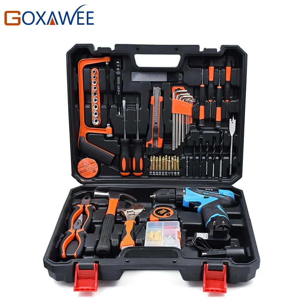 

GOXAWEE 120PC Hand Tool Set Home Repair Hand Tool Rechargeable Lithium Battery 12V Electric Screwdriver Hammer Drill Bit Wrench