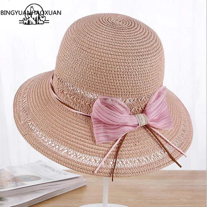 

BINGYUANHAOXUAN Brand 2018 New Summer Hats for Women Fashion Design Bowknot Women Beach Sun Hat Foldable Brimmed Straw Hats