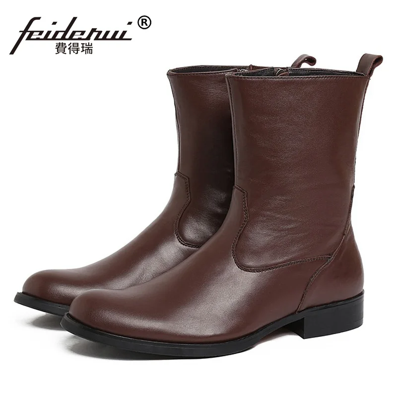 

High Quality Man Luxury Brand Long Shoes Male Designer Genuine Leather Cow Round Toe Men's Cowboy Martin Ankle Boots RF12