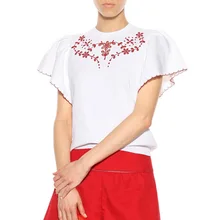 Лето Новая мода o-образным вырезом бабочка рукав красный цветочный вышивка леди Повседневная белая хлопковая трикотажная футболка
