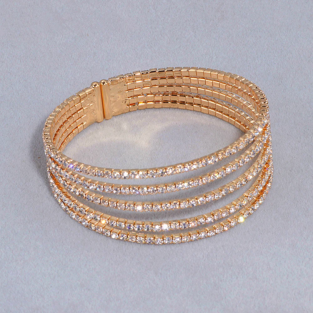 5 Rows Elegant Clear Rhinestone Bangle Bracelet Gold Color Crystal Bangles Wedding Bridal Jewelry Accessories For Women WX209 - Image 2