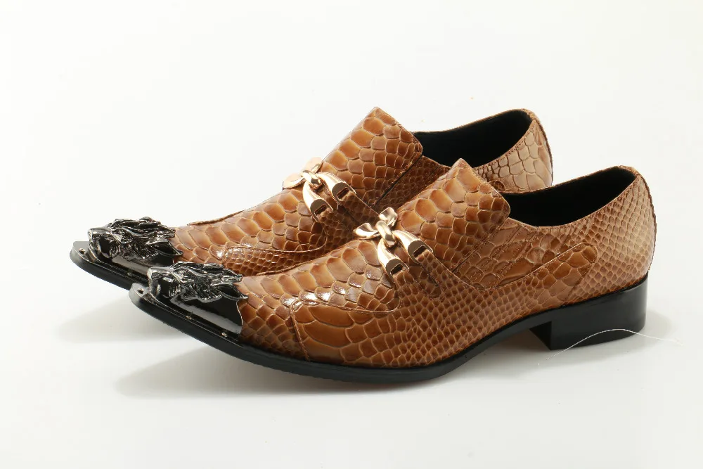 

British Style Iron Pointed Toe Male Party Dress Shoe Brown Buckle Oxford Men's Flats Snake Skin Leather Dress Shoes Men Male