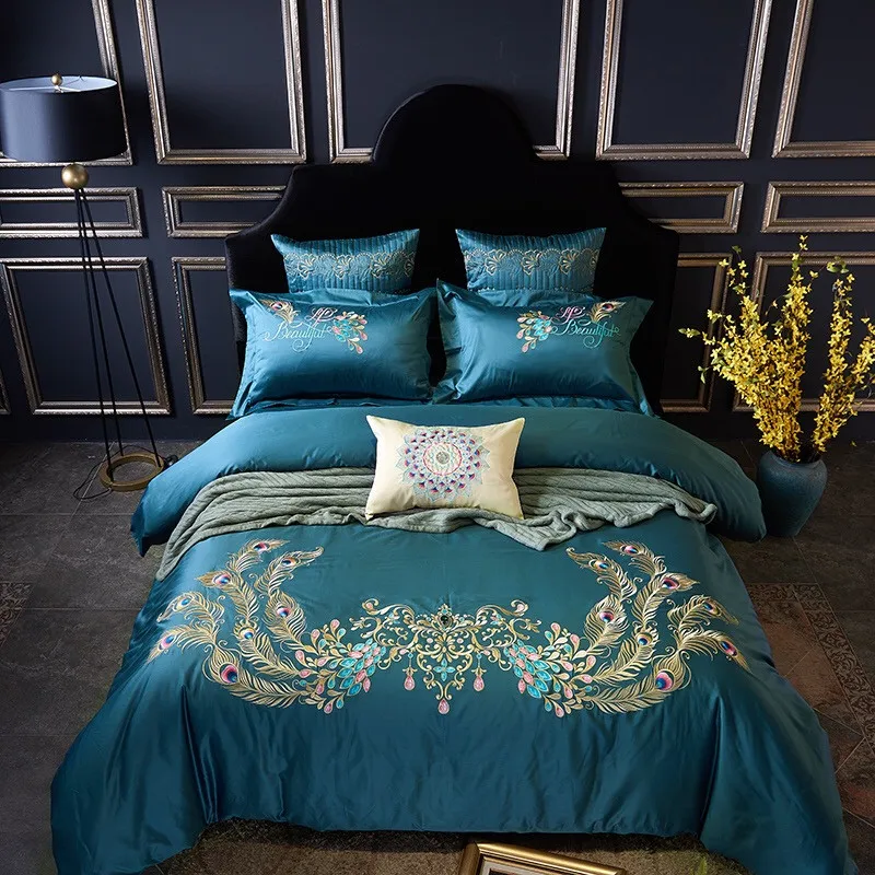 100s Egypt Cotton Peacock Feather Embroidery Luxury Bedding Set 4