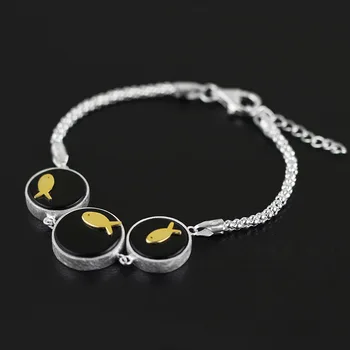 

925 Sterling Silver Bracelet small fish female Sterling Silver Bracelet inlaid with Black Agate jewelry