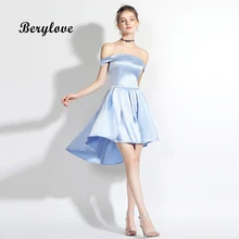 

BeryLove Simple Blue Short High Low Prom Dresses 2018 Off Shoulder Satin Prom Gowns Plus Women Short Graduation Dresses For Prom