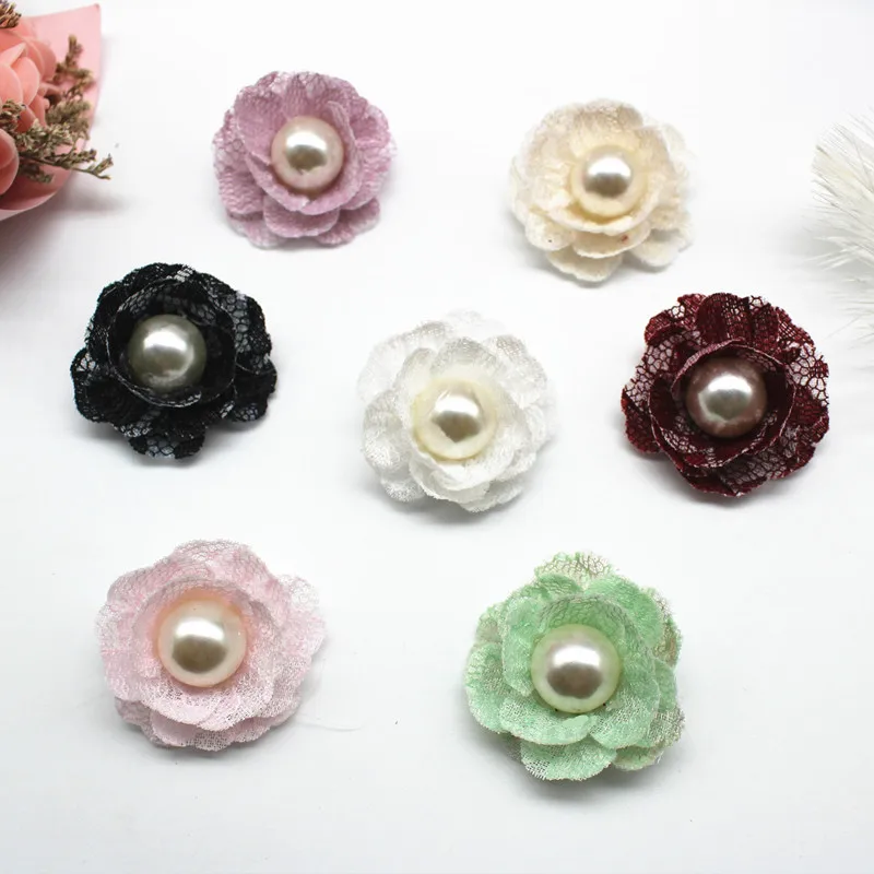 

10Pcs/lot 3.5cm Korean Lace Artificial Flowers Pearl Flower Head Accessories DIY Scrapbooking Wedding Decoration Fake Flowers