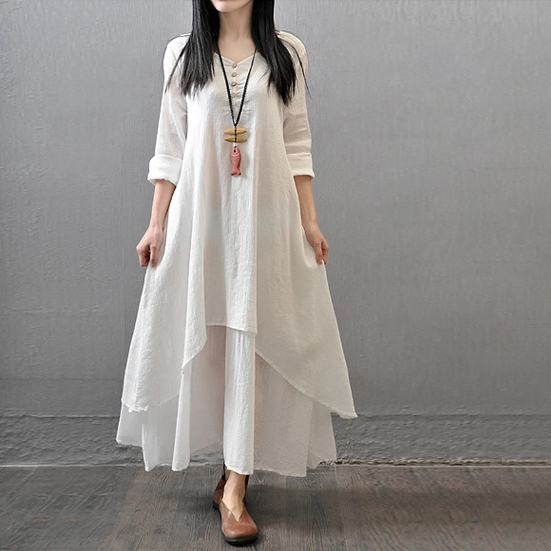 Johnature Cotton Color Women Maxi Dress 