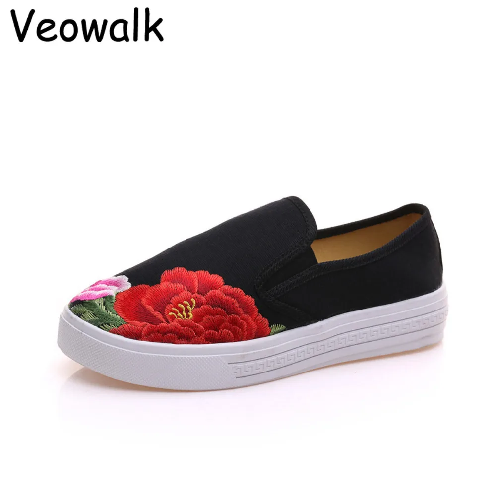 Noir Casual Rouge Plat formes Femmes Veowalk Pour Conduite Plates on Fleur Chaussures Mocassins Slip Brodé Femme Toile Mode wqqOAP5