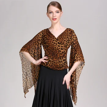 

Ballroom Latin Dance Shirts Leopard V Collar Women Flamenco Sexy Salsa Clothes Competition Costume Elegant Sleeves Tops DN1602