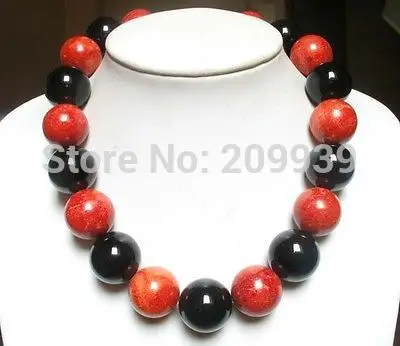 

FREE SHIPPING>>>@@ AS2773 Necklace red spongy coral & black onyx large round beads 925