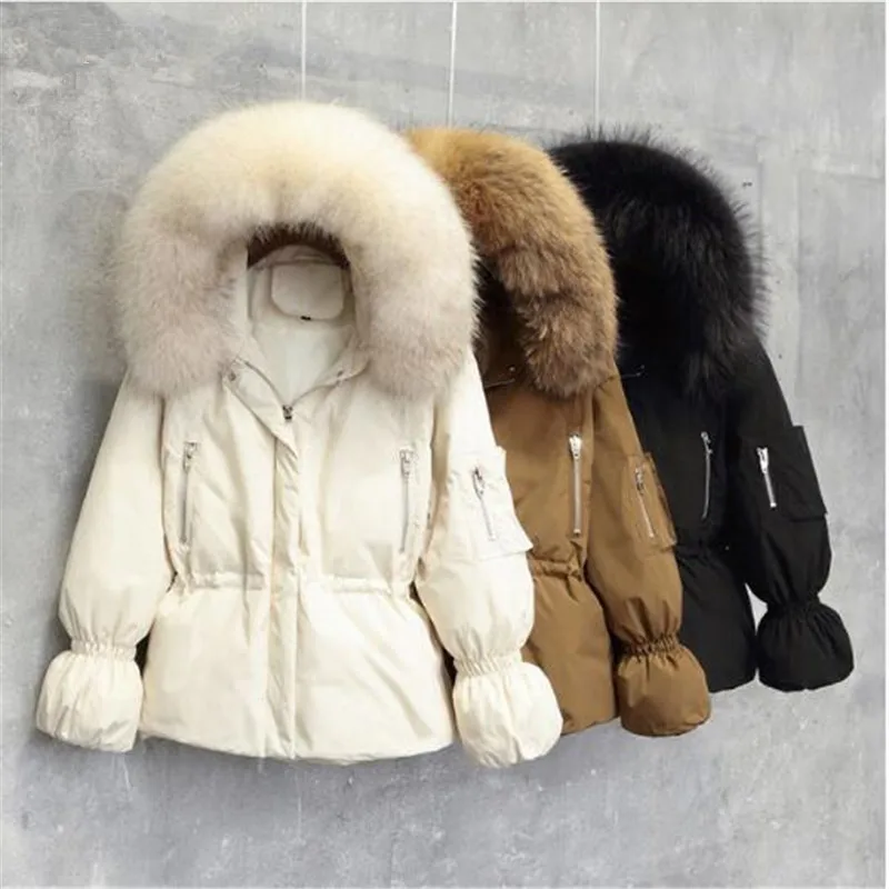 

2018 Women Winter Jackets White Duck Down Large Natural Raccoon Fur Hooded Parkas Slim Warm Female Coat Snow Outwear
