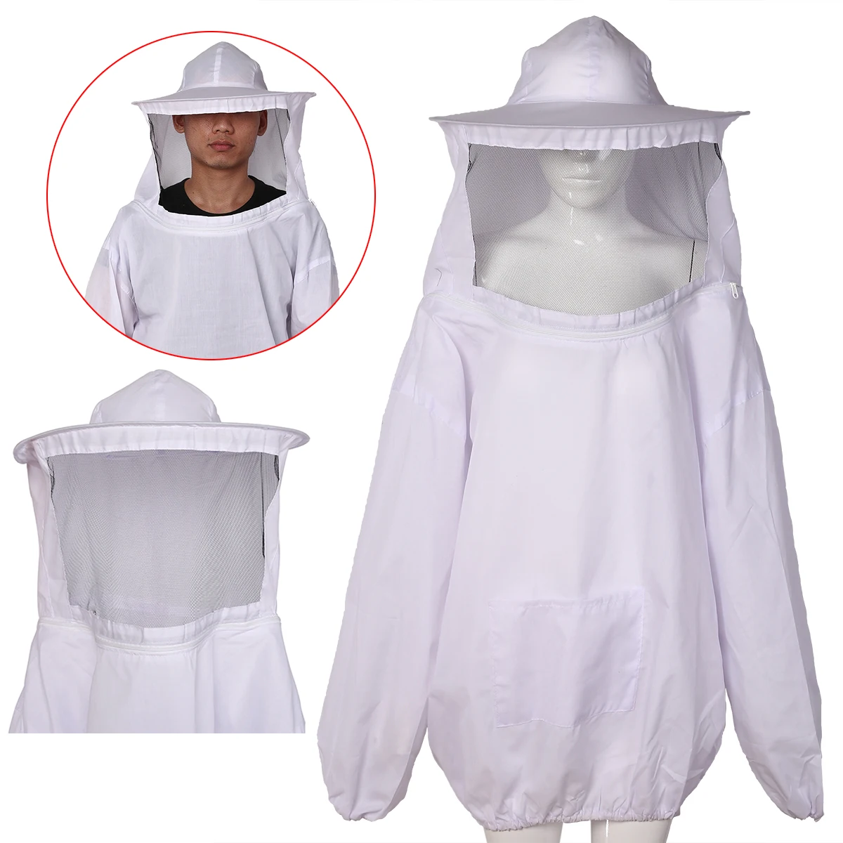 

Durable White Polyester Beekeeping Jacket Protective Veil Smock Bee Coat Suit Clothes Long Sleeve Gloves