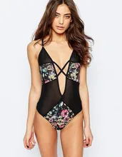 NEW 2016 Mesh Print One Piece Swimwear Sexy V Neck Swimsuit High Cut Patchwork Monokini Floral