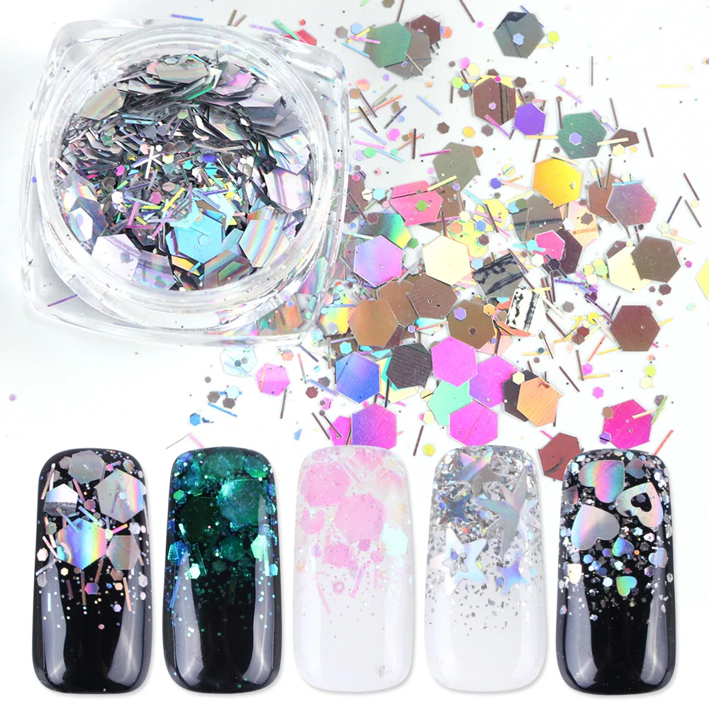 

1box Geometry Laser Sequins for Nail Mixed Holographic Stars Nail Powder Paillette Flake Glitter Decoration Manicure LALH01-04