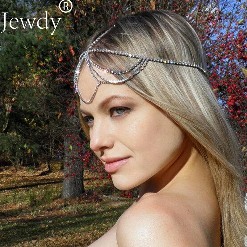 Jewdy Rhinestone headbands hair wear Wedding Headpiece crystal chains Bridal Head Jewelry Bohemian Hippie Chain For Women