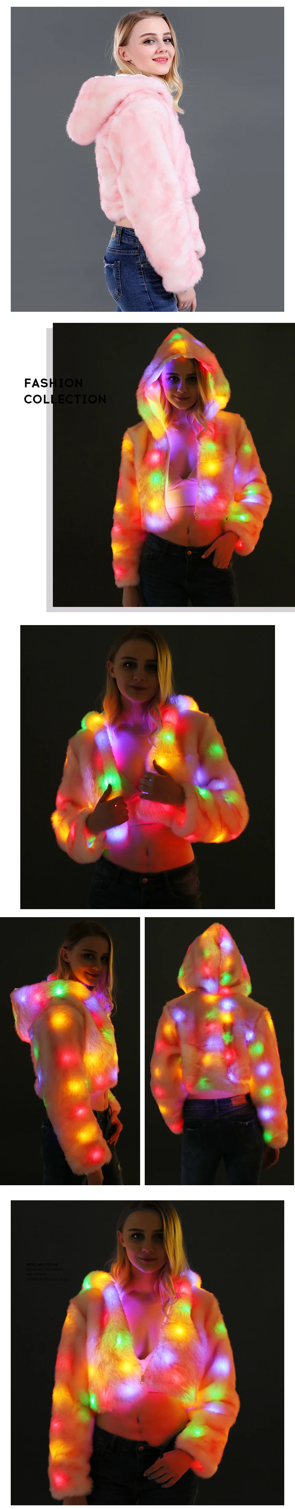НОВАЯ РОЖДЕСТВЕНСКАЯ разноцветная сценическая одежда с капюшоном для женщин светодиодный светящийся искусственный мех пальто леди бар танец шоу одежда для ночных клубов